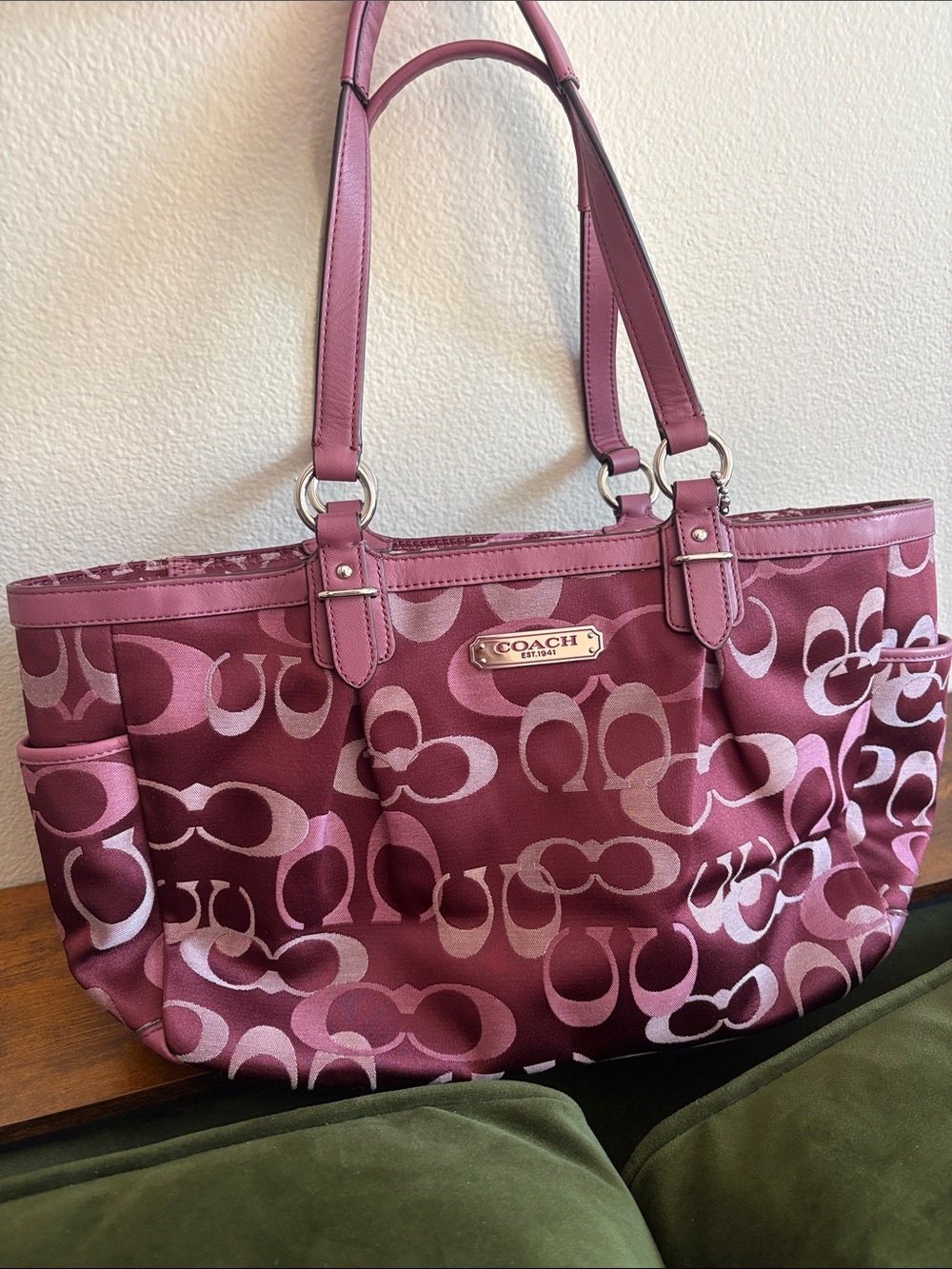COACH Signature Canvas Tote Shoulder Bag in SV Bordeaux Rose, Light Pink, Purple